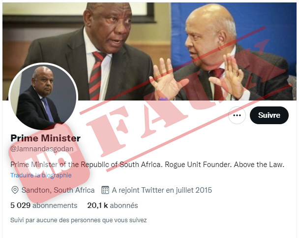 Le faux profil twitter d'un politique Sud Africain fait circuler une fake news internationale